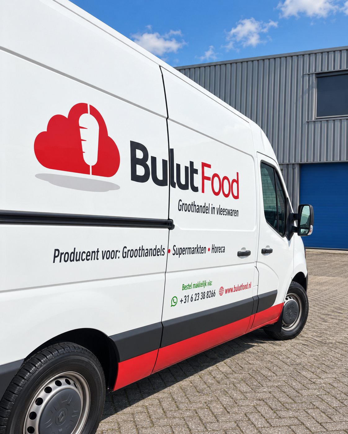 Bezorgbus van Bulut Food bij het bedrijfspand in Volendam