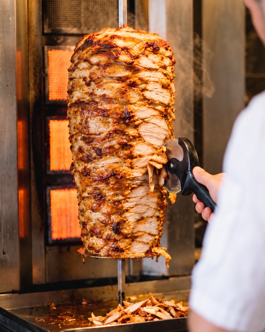Kip döner wordt van de spies gesneden