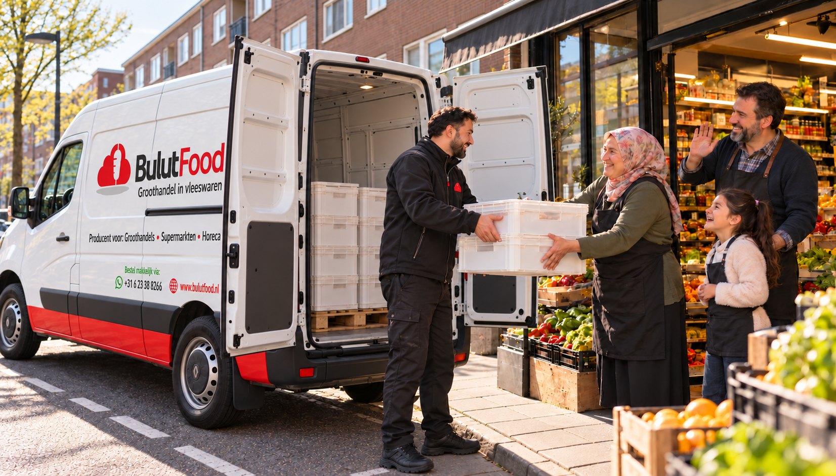 Een bezorger van Bulut Food levert kratten af bij een familiesupermarkt in Amsterdam