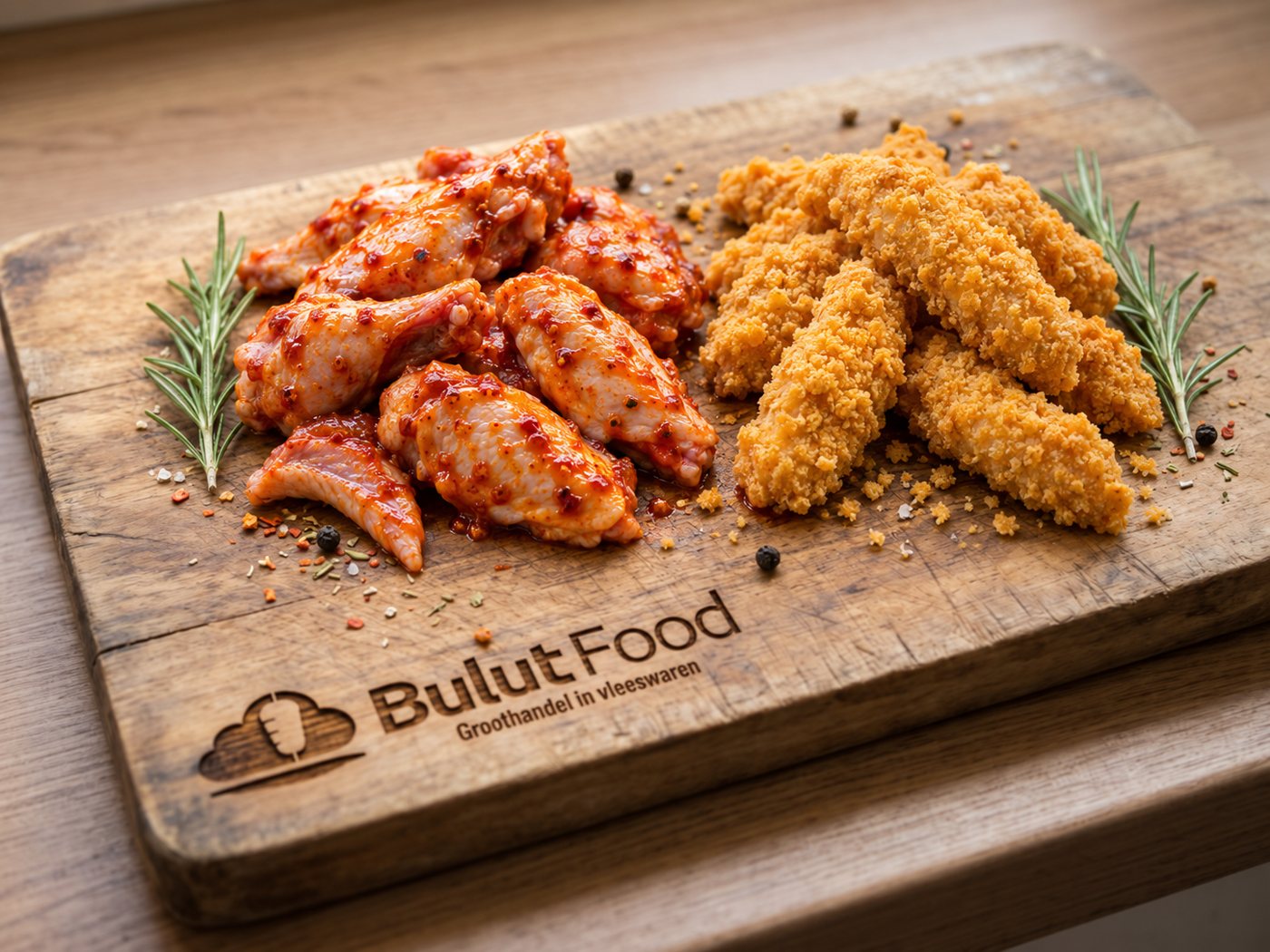 Gemarineerde hotwings en gepaneerde tenders op een houten snijplank